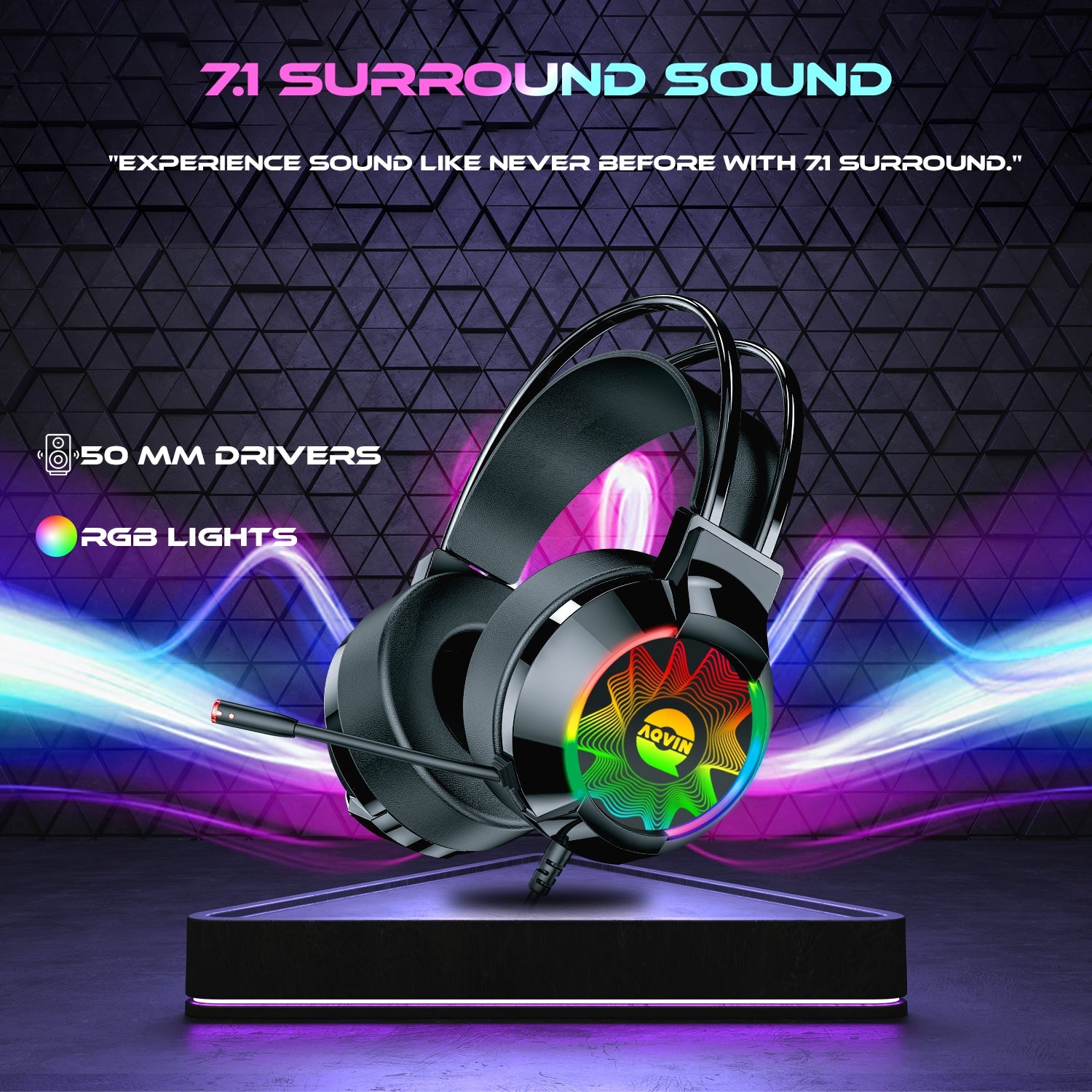 AQVIN Q310 RGB Wired Gaming Headset. RGB Backlight. 7.1 Stereo Surround Sound. 50MM Drivers. Adjustable Microphone. Over-Ear Headphones for PC. Laptop etc - Black