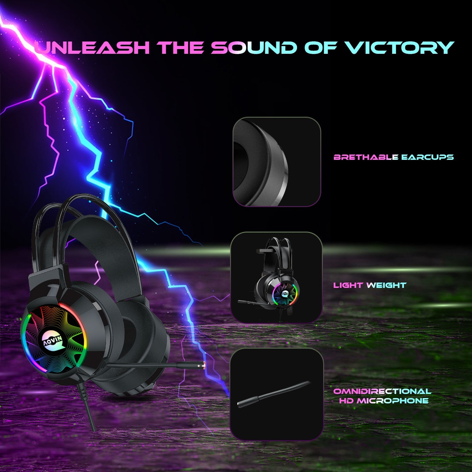 AQVIN Q310 RGB Wired Gaming Headset. RGB Backlight. 7.1 Stereo Surround Sound. 50MM Drivers. Adjustable Microphone. Over-Ear Headphones for PC. Laptop etc - Black