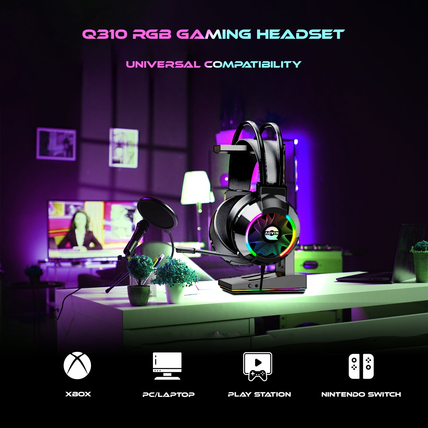 AQVIN Q310 RGB Wired Gaming Headset. RGB Backlight. 7.1 Stereo Surround Sound. 50MM Drivers. Adjustable Microphone. Over-Ear Headphones for PC. Laptop etc - Black